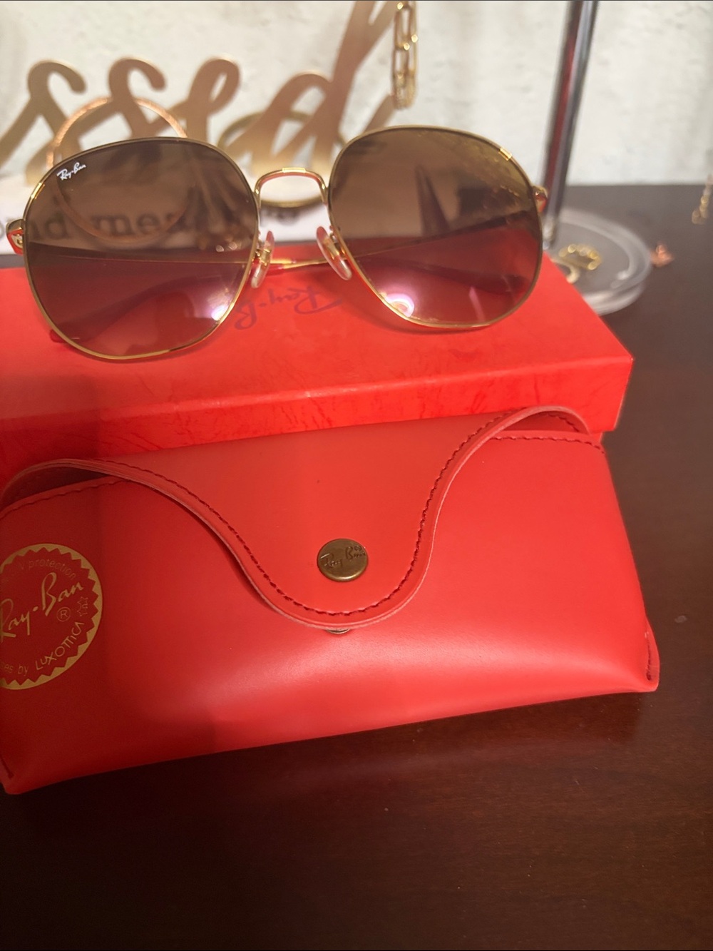 Ray-Ban Women’s Gold Frame Brown-to-Red Gradient Lens Sunglasses